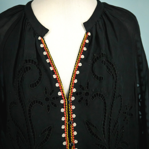 Johnny Was Jade Size Medium M Black Embroidered Long Sleeve Cotton Silk Top - Picture 2 of 6
